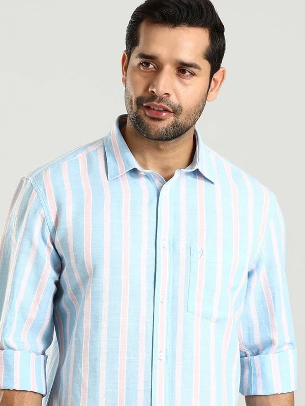 Indian Terrain Men's Regular Fit Full Sleeve Striped Blue Shirt